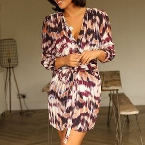 Reiss Orla Ikat Printed Fitted Berry Tie Waist Quarter Sleeve Mini Dress Size 4